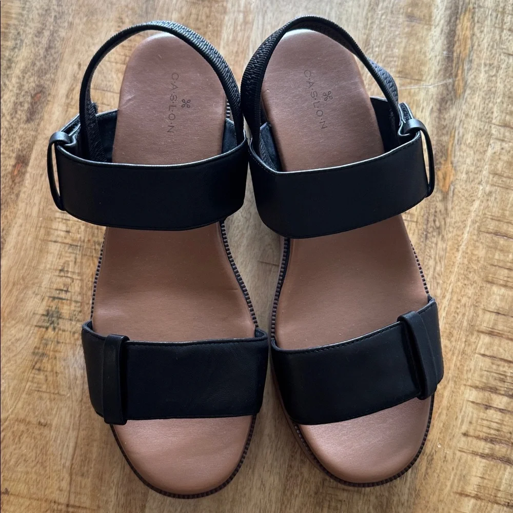 Caslon Brian Women's Black Leather Platform flatform slingback Sandals NEW